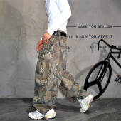 长裤 vintage美式 原创vibe潮牌伞兵工装 男 重磅树枝迷彩阔腿弯刀裤