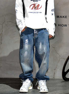 美式高街潮牌痞帅创意擦色牛仔裤男复古蓝色水洗宽松直筒大码长裤