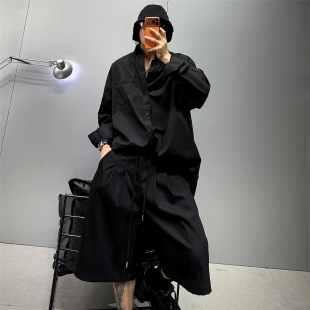 黑色纯棉廓形龟背薄款长袖衬衫男oversize落肩松弛感暗黑潮流衬衣