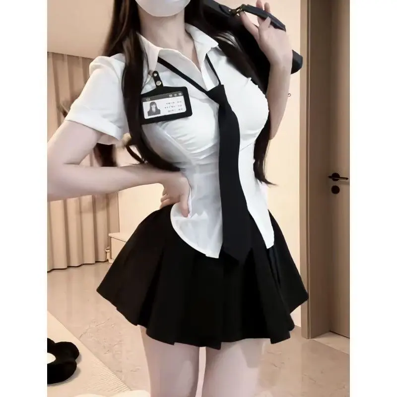 纯欲夜店风辣妹jk制服学院风收腰高腰百褶裙套装女短袖衬衫两件套