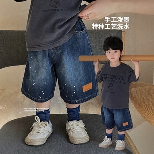 韩版男童手工泼墨贴标牛仔短裤夏季宝宝儿童帅气休闲百搭五分中裤