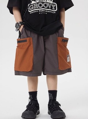 日系夏季男童潮牌工装短裤中大童宽松速干拼色中裤大口袋五分裤子