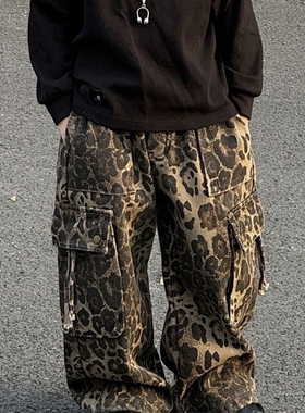 日系潮牌男童豹纹裤子梭织工装裤儿童秋冬季迷彩街舞宽松直筒长裤