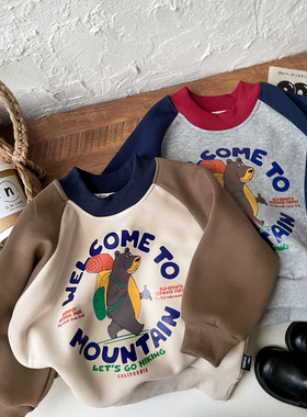 日系男童潮牌卡通熊书包加绒卫衣宝宝冬厚款中小童撞色袖套头上衣