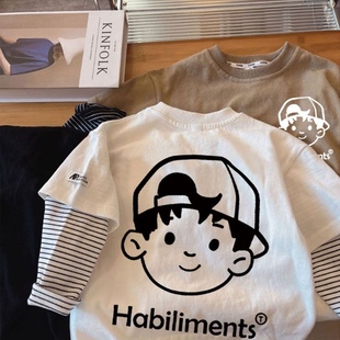 韩版男童潮牌帅气反帽假两件长袖中小儿童纯棉T恤春秋痞帅酷上衣