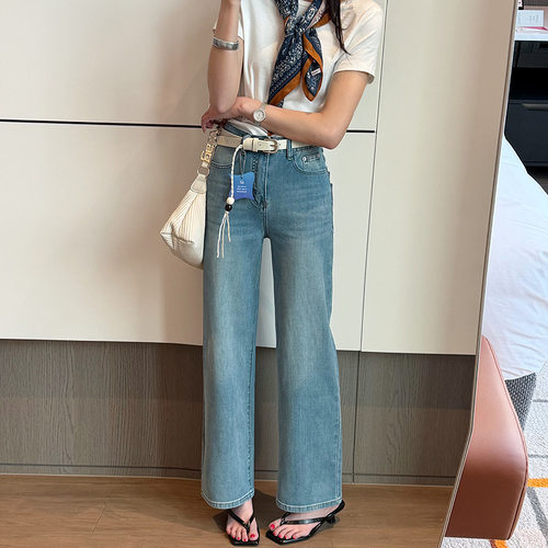 夏季辣妹高腰四面弹直筒牛仔裤