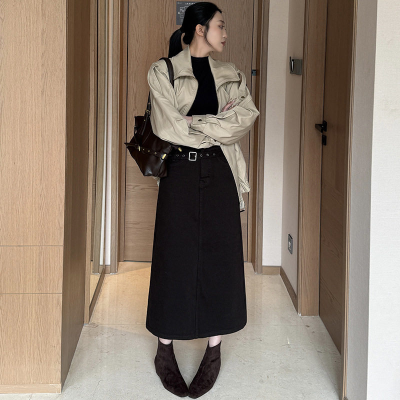 辣妹高腰开衩牛仔中长裙子