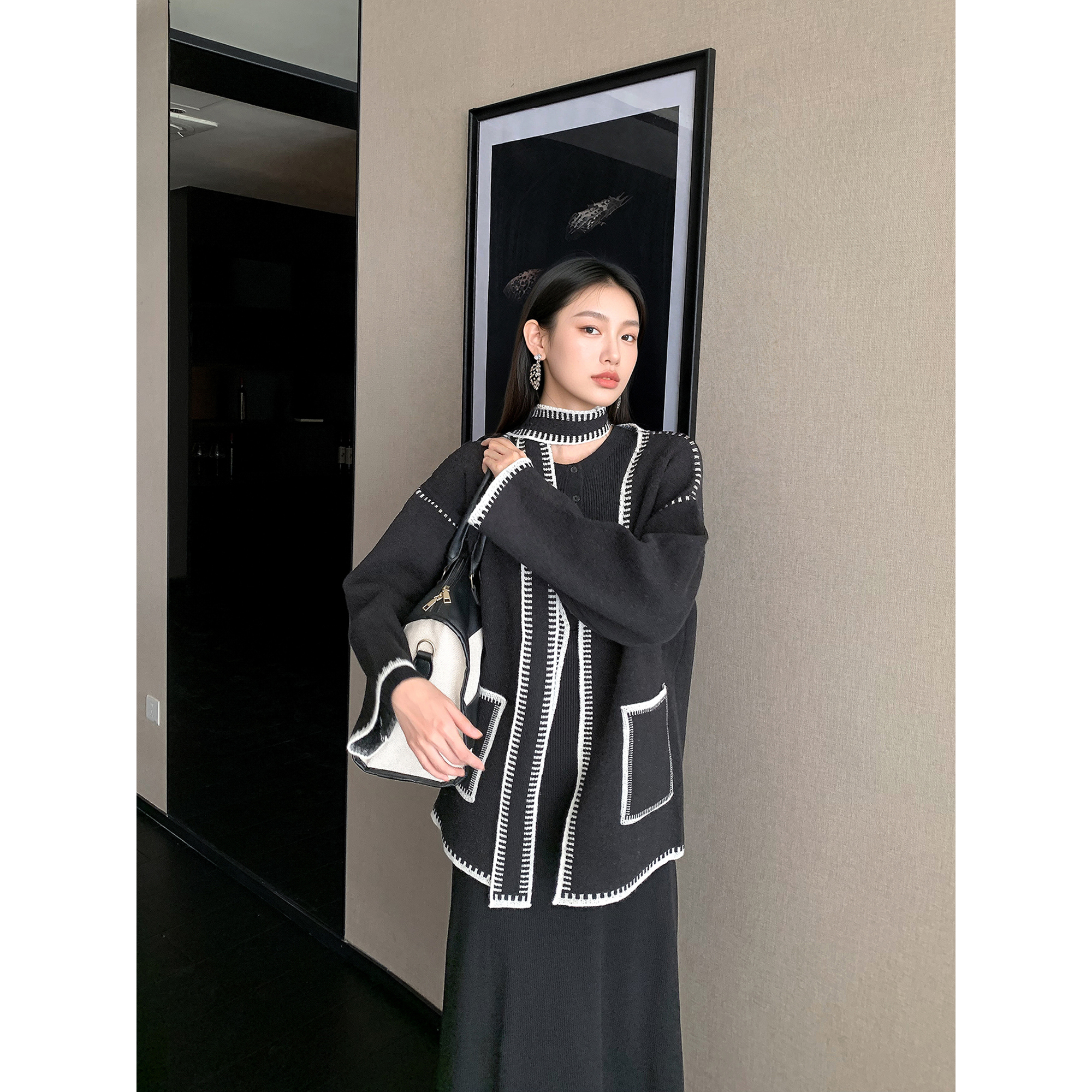 GEMQI小香风毛衣外套女秋冬2025新款慵懒高级感撞色黑色针织开衫