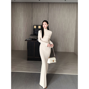 GEMQI 长袖法式连衣裙女江浙沪千金穿搭收腰鱼尾长裙子脖套两件套