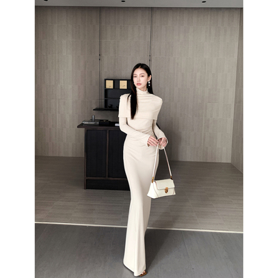 GEMQI 长袖法式连衣裙女江浙沪千金穿搭收腰鱼尾长裙子脖套两件套