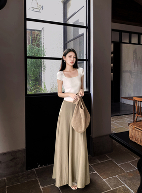 GEMQI 亚麻天丝卡其色a字半身裙子女秋2025新款今年流行爆款长裙