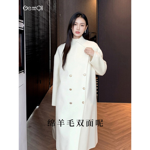 GEMQI 米白长款过膝毛呢外套女秋冬高级感双排扣双面呢含羊毛大衣