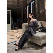 灰色一字露肩性感毛衣女春 宽松阔腿裤 休闲厚长裤 GEMQI 两件套装