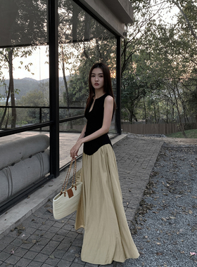 GEMQI慵懒褶皱高腰a字裙子半身裙女夏季2025新款今年流行爆款长裙