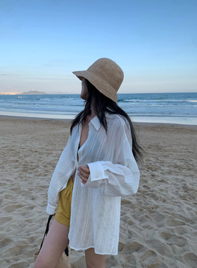 GEMQI 乔妹同款白色条纹长袖衬衫女微透防晒衬衣肌理慵懒气质上衣