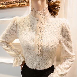 兔绒磨毛蕾丝打底衫女秋冬洋气皮草内搭加绒加厚上衣喇叭袖小衫潮
