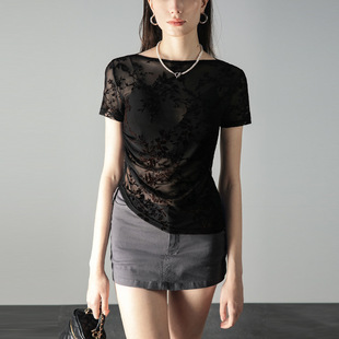 2026夏季短袖一字肩蕾丝衫薄纱小衫外搭薄纱打底衫纱料上衣女装