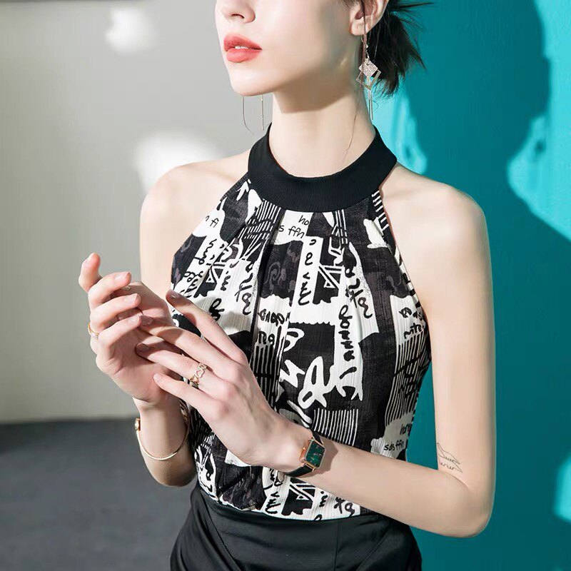 网纱挂脖拉丁舞上衣女无袖打底背心印花交谊国标摩登舞练功服舞蹈