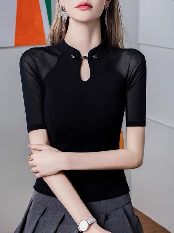 2026秋季新款立领盘扣网纱打底衫女五分袖复古秋季中袖镂空T恤
