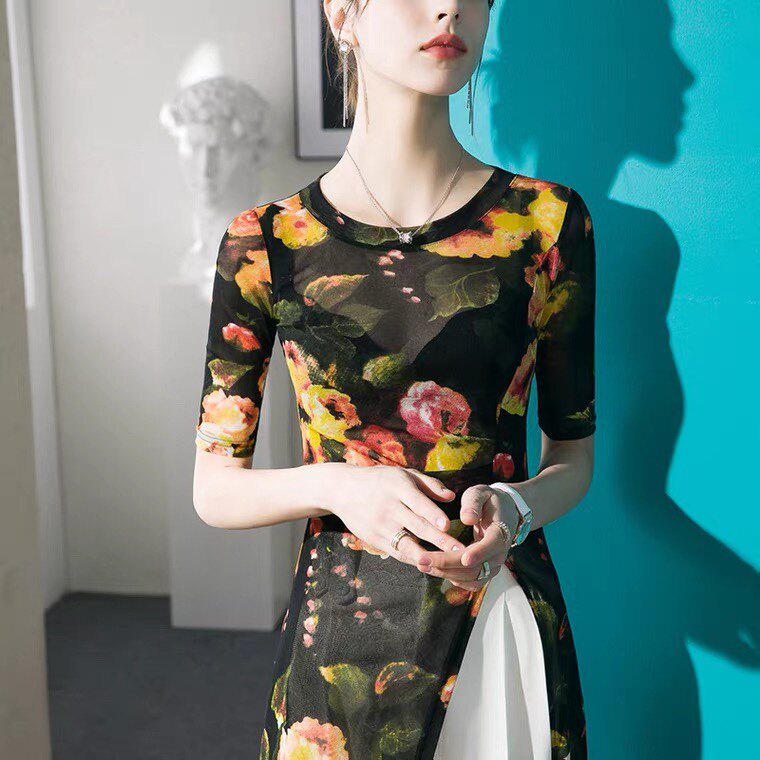 2026春款新款印花网纱T恤女中长款设计感五分袖上衣秋季中袖小衫