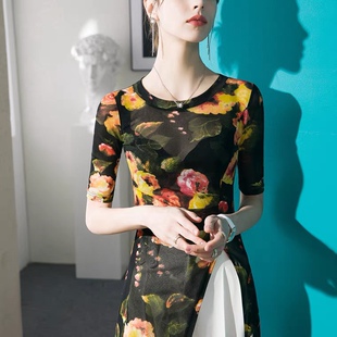 2026春款新款印花网纱T恤女中长款设计感五分袖上衣秋季中袖小衫