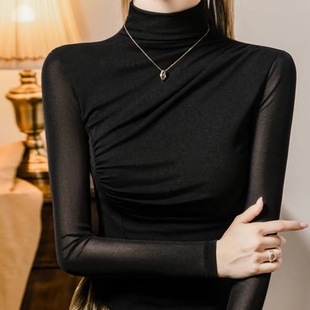 秋装独特别致网纱上衣女款长袖收腰小衫沙体t恤半高领纱衣打底衫