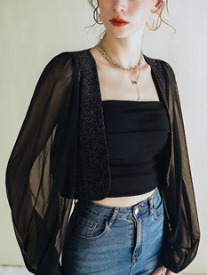 高级感黑色网纱灯笼袖开衫女春夏配吊带裙外套长袖薄款防晒空调衫