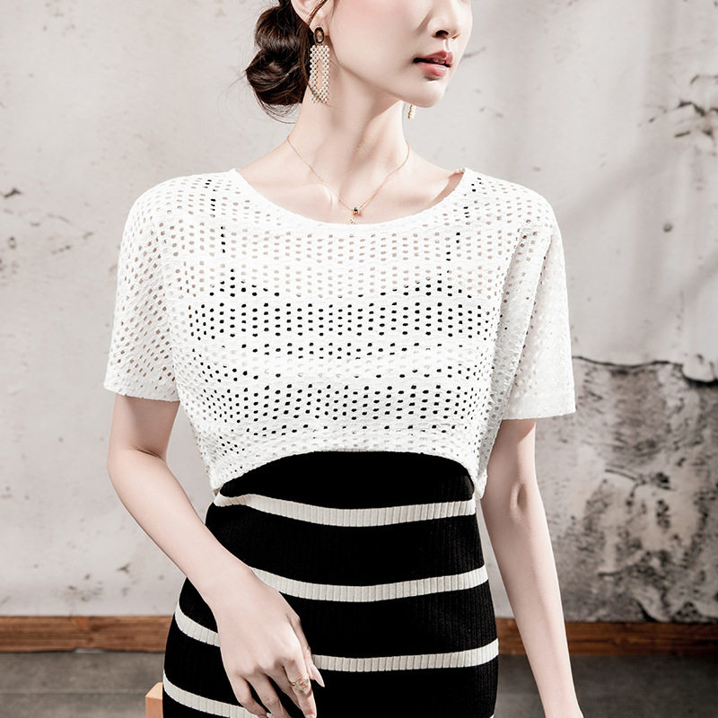 2026夏季新款圆领镂空蕾丝短款外搭罩衫女纯色百搭女装短袖外搭