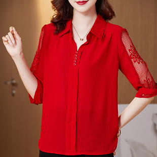 大码女装夏季新款中年妈妈宽松遮肚上衣女雪纺衫洋气中长款上衣