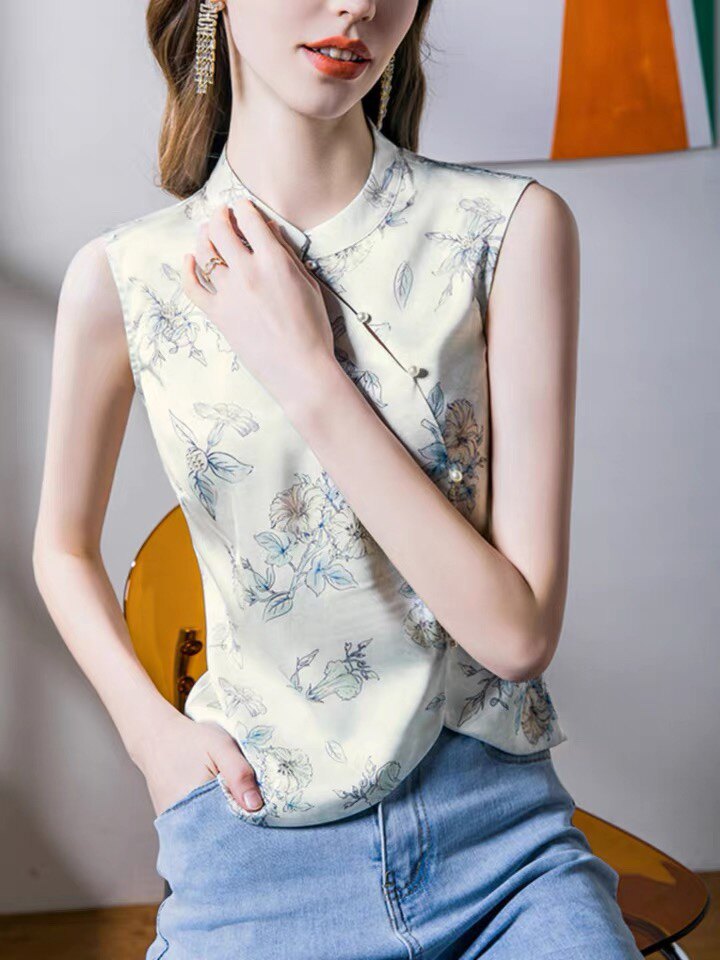 新中式旗袍领印花无袖上衣女修身