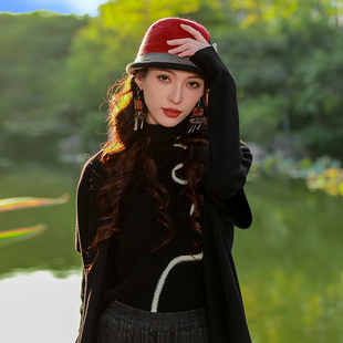 杨丽萍设计官方民族风新中式风手工钉珠花羊毛卷边礼帽女秋冬