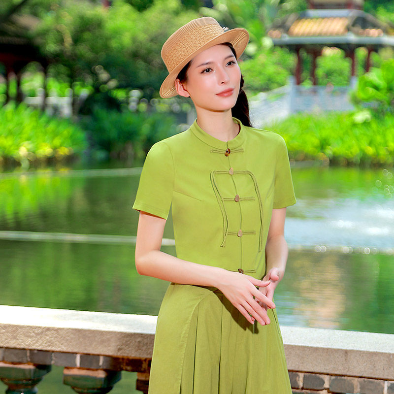 杨丽萍设计原创民族风新中式风优雅复古流苏短袖立领绿色上衣女夏