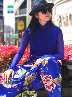 杨丽萍官方设计雀云裳弹力网纱圆领灰色红色黑色宝蓝色绿色打底衫