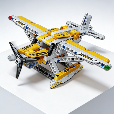 减压益智桌游积木飞机拼装玩具黄色双螺旋桨动力机械设计感模型