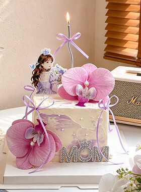 母亲节唯美蝴蝶兰蛋糕装饰紫色优雅捧花妈妈节日快乐插件亚克力