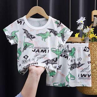 儿童夏季冰丝短袖套装宝宝薄款男童空调家居服女童T恤透气两件套