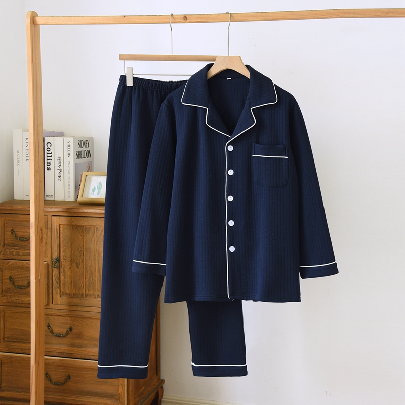 男士秋冬空气层睡衣纯棉加厚简约纯色夹棉家居服休闲空气棉套装