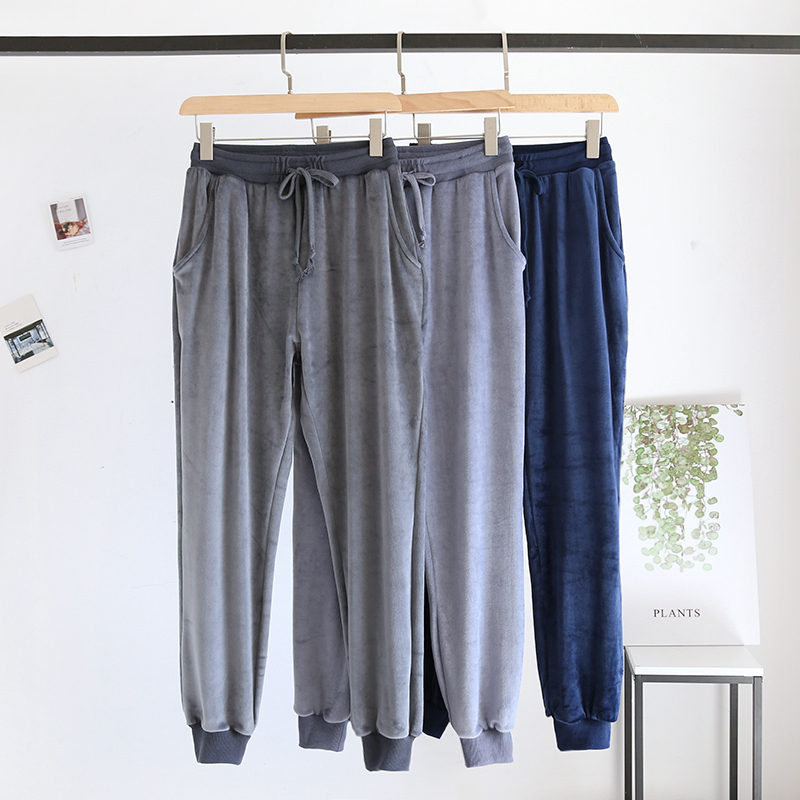 睡裤男秋冬季海岛绒保暖弹力长裤法兰绒薄绒收口小脚纯色家居裤男