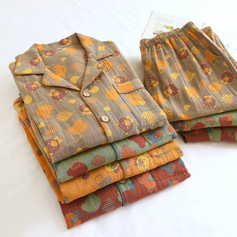 春秋季睡衣男士纯棉色织双层纱布薄款长袖宽松全棉休闲家居服套装