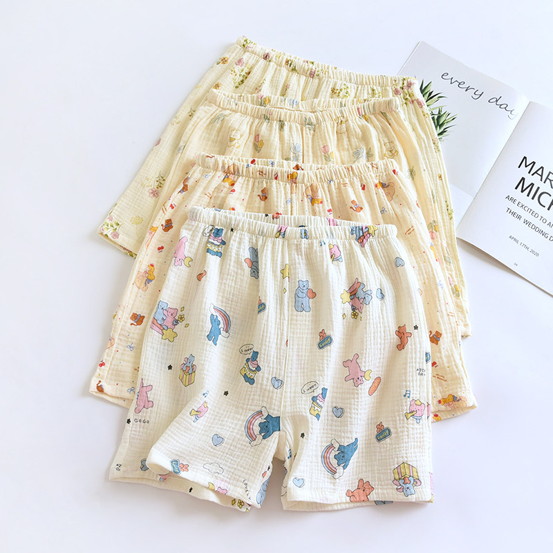 卡通短裤女纯棉绉布五分裤夏季薄款宽松大码沙滩裤可外穿家居睡裤