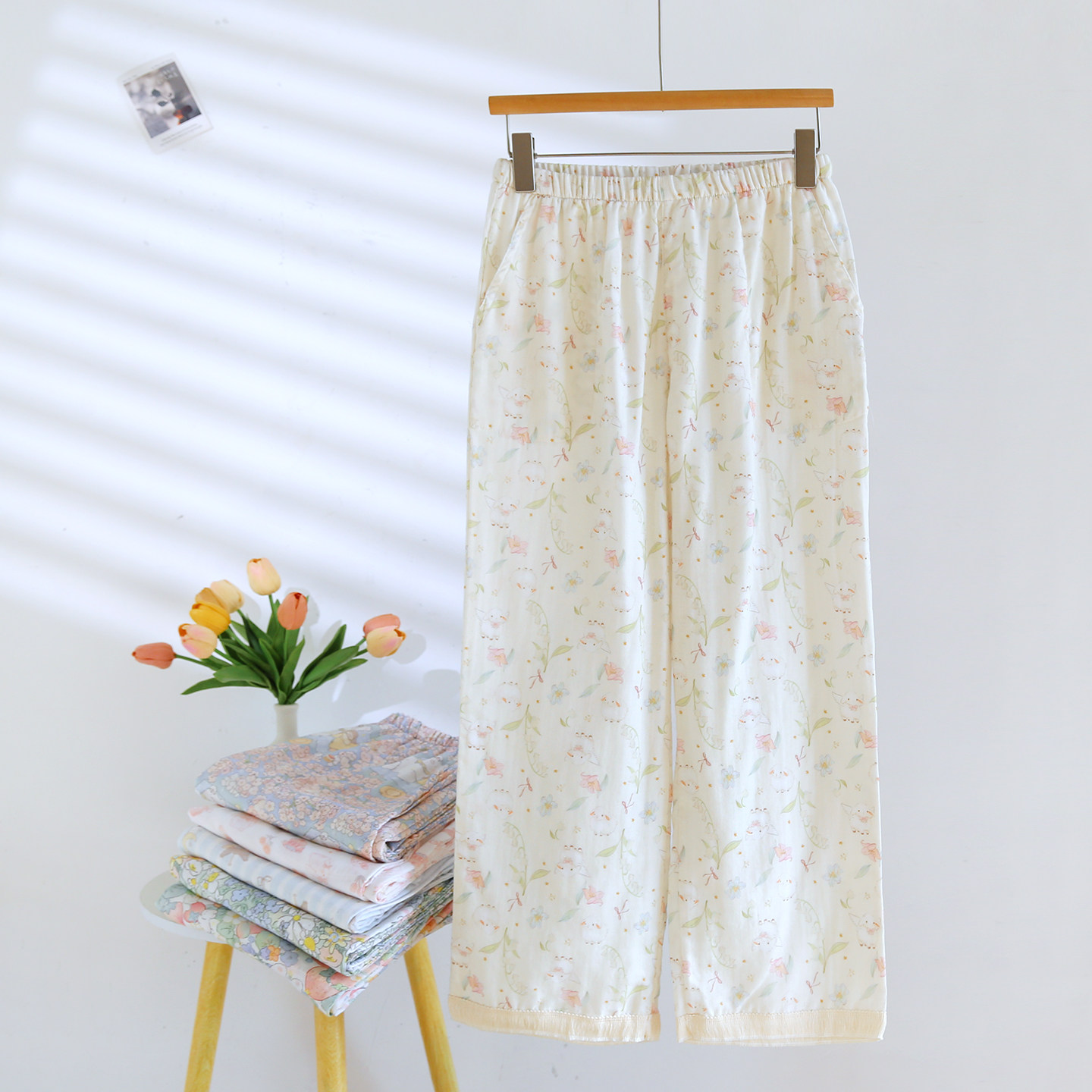 田园风女睡裤纯棉纱布流苏九分裤春秋季薄款宽松夏季有口袋直筒裤