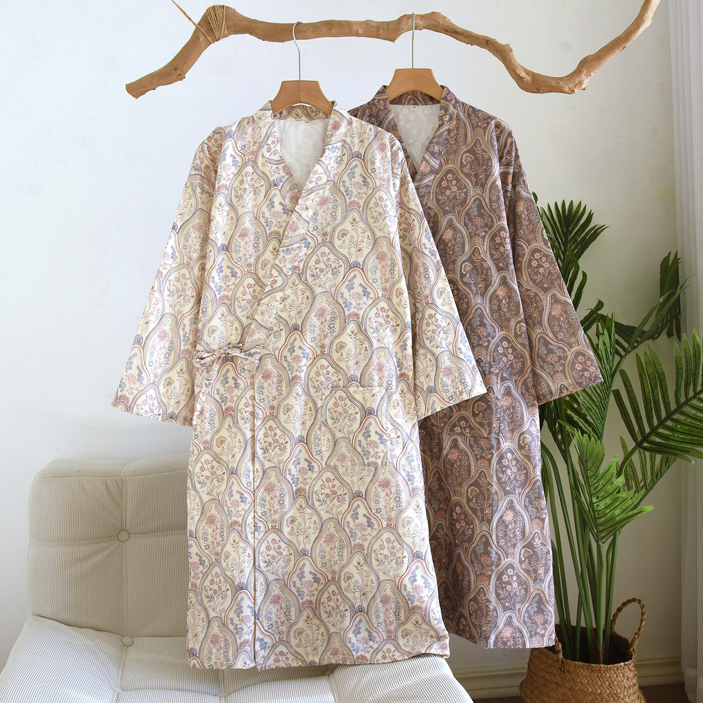 日系睡袍女纯棉双层纱布睡衣全棉春秋薄款和服浴袍中长款夏季大码