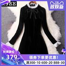 蝴蝶结钉珠赫本小黑裙黑色蕾丝拼接金丝绒打底连衣裙女 秋冬季 长袖