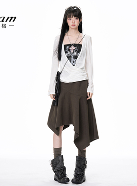 艾格Etam棕色复古不规则半身裙子女辣妹设计感a字休闲过膝中长裙