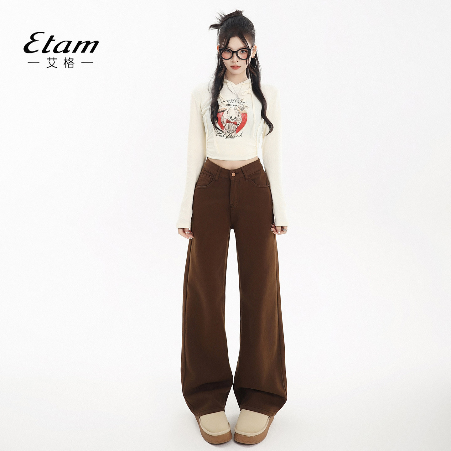 美式复古棕咖色直筒牛仔裤女阔腿