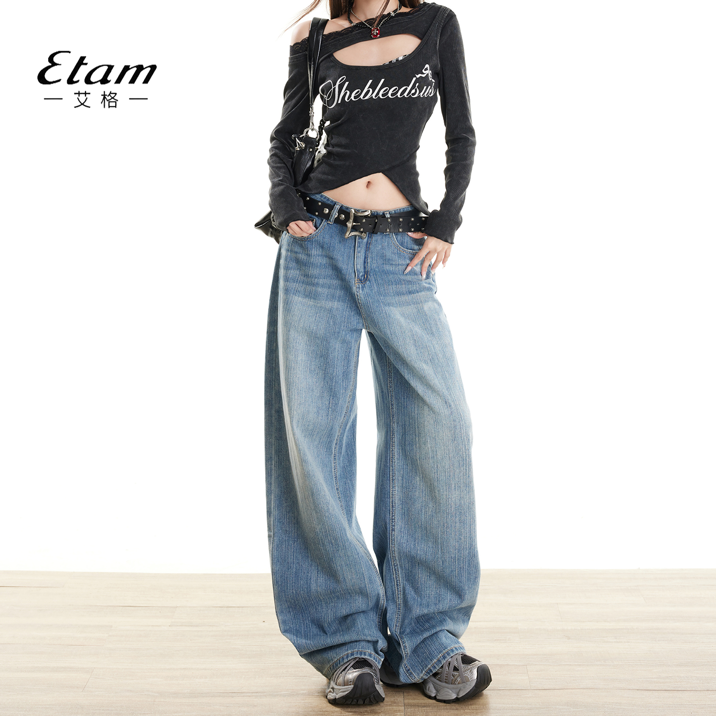 艾格Etam美式竹节纹阔腿牛仔裤女