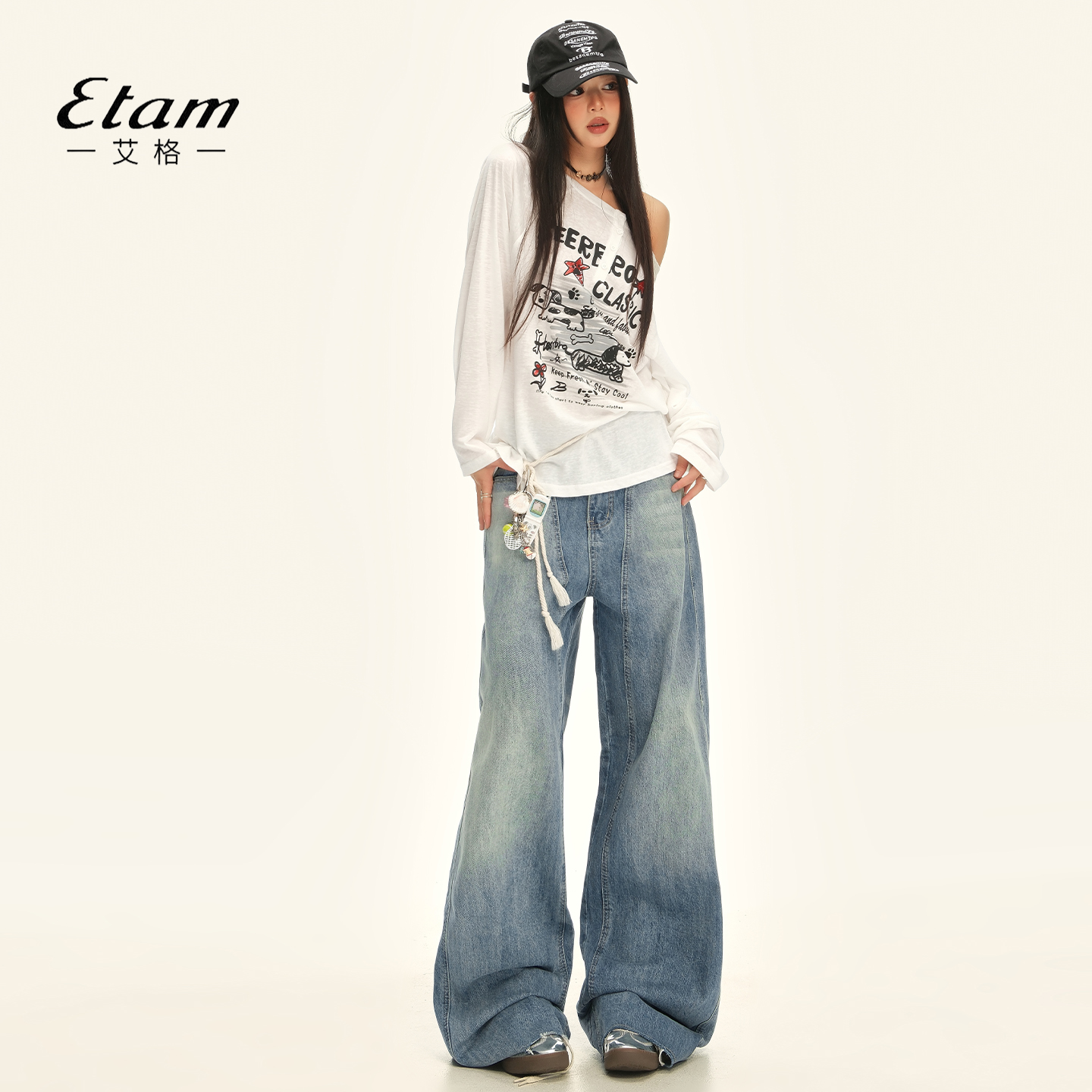 艾格Etam浅色毛边阔腿裤低腰解构