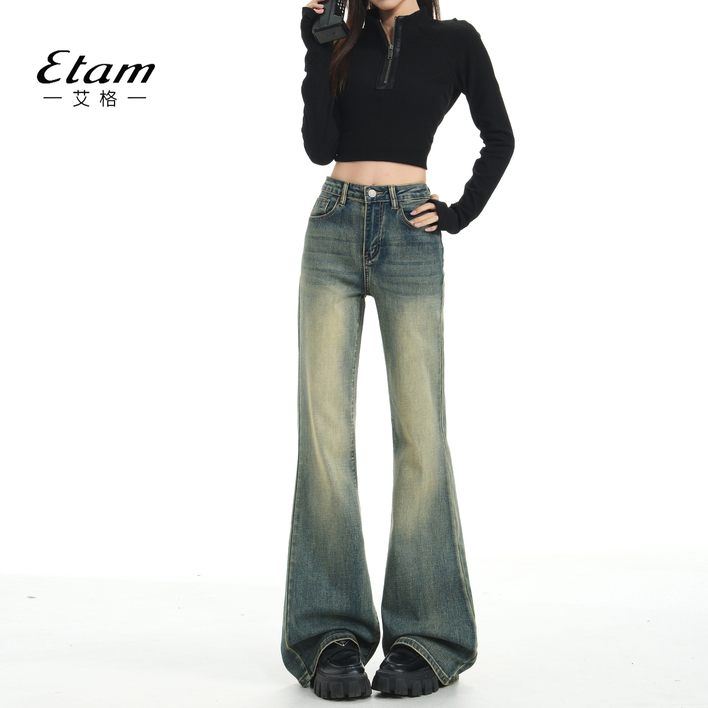 艾格Etam复古怀旧微喇叭牛仔裤女秋冬加绒新款美式紧身马蹄拖地裤