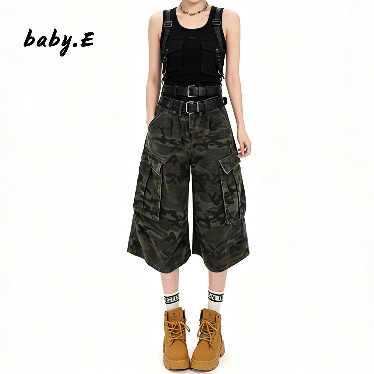 Baby.E迷彩工装牛仔短裤七分中裤图片