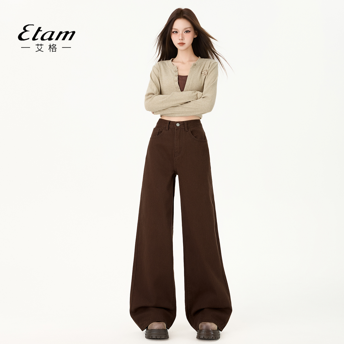 艾格Etam棕咖色加绒阔腿牛仔裤女